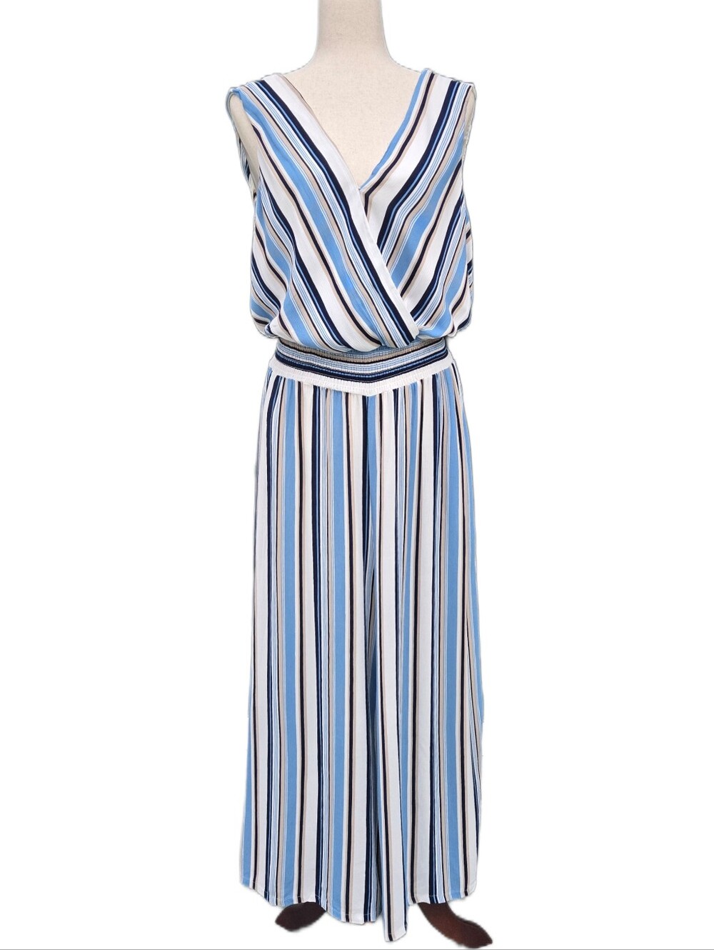NWT Alyx Striped Wide Leg Jumpsuit XL Faux Wrap Smocked Waist Blue White